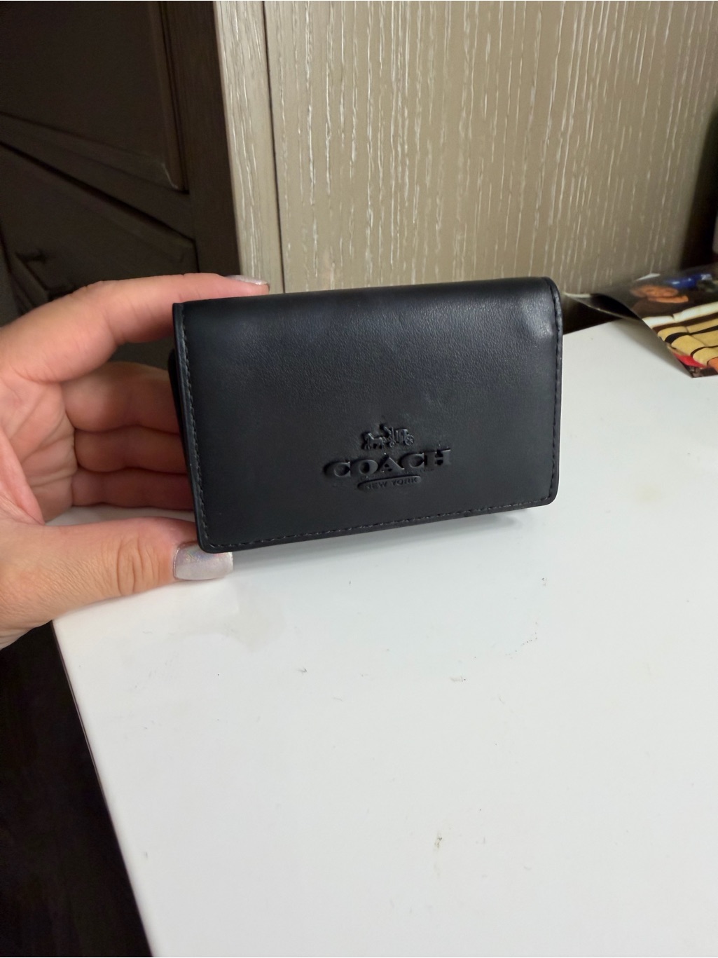 Coach Black Leather Card Holder With Embossed Logo